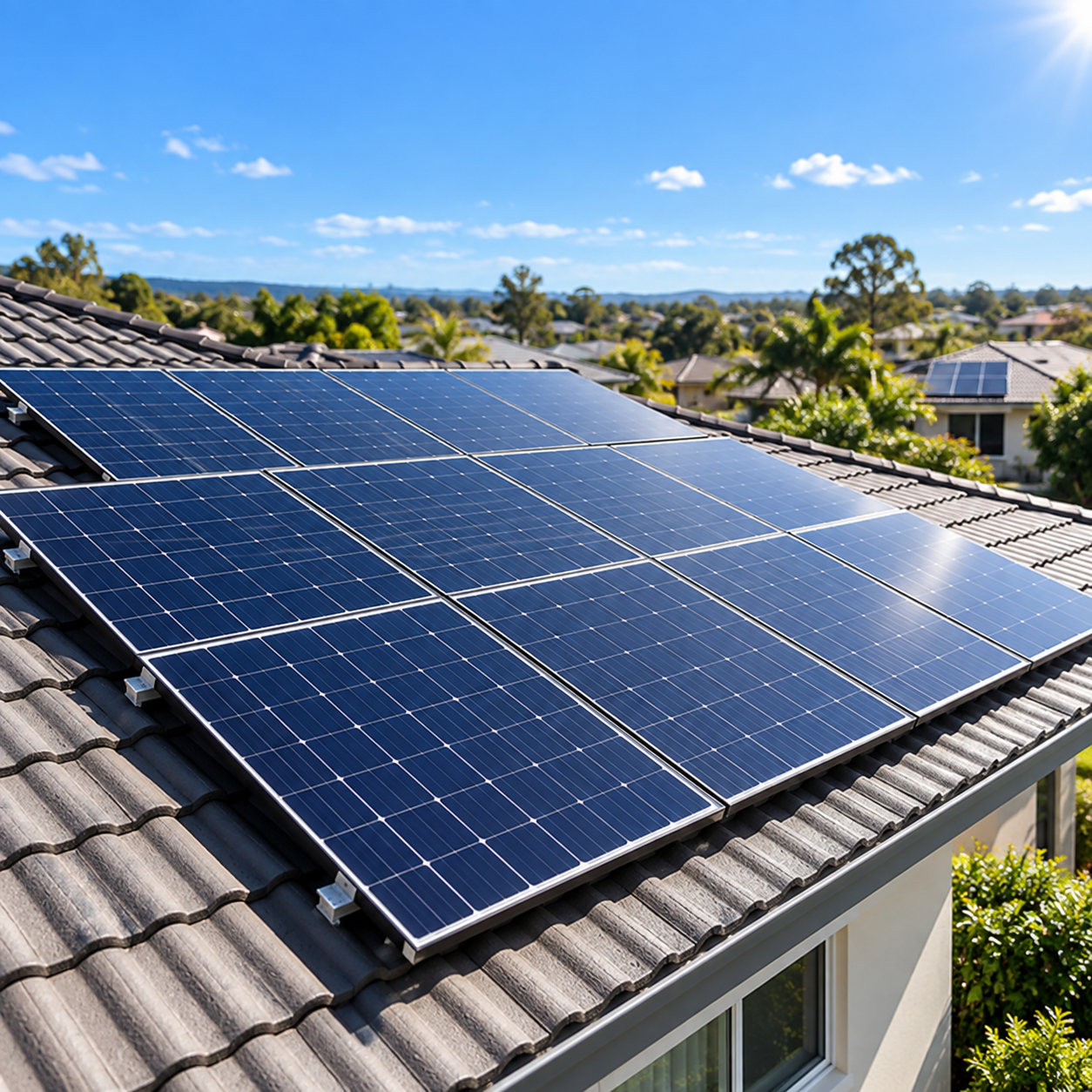Solar panels on a residential roof with neighbourhood in background